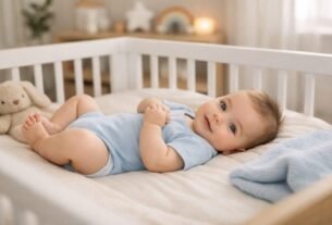 alt="bebe menino em quarto moderno maternidade 2026"