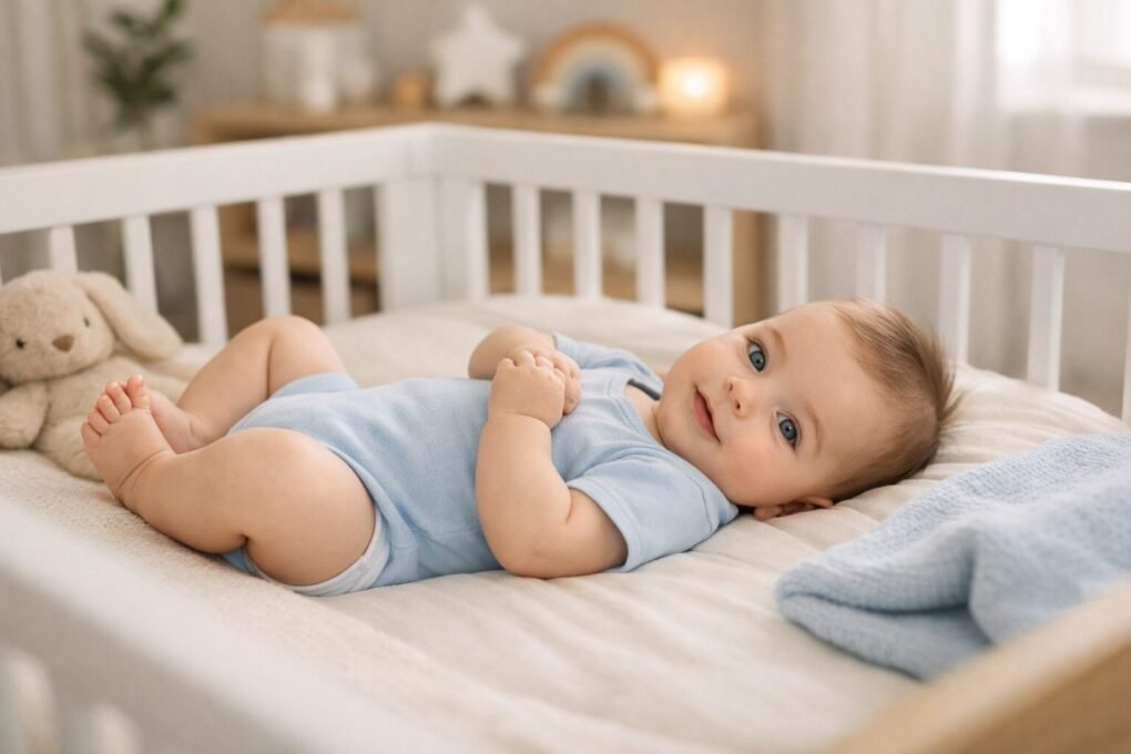 alt="bebe menino em quarto moderno maternidade 2026"